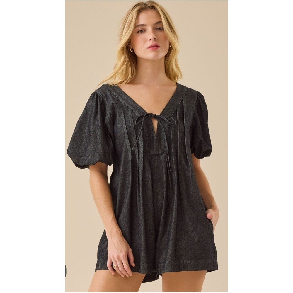 Altar'd State Evie Puff Sleeve Black Denim Romper XS Western Cowgirl Festival